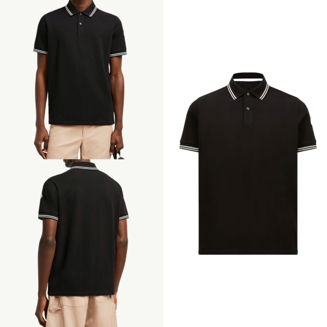 몽클레르 스트라이프 트림 코튼 피케 폴로 셔츠 블랙 K10918A0000789A16999
