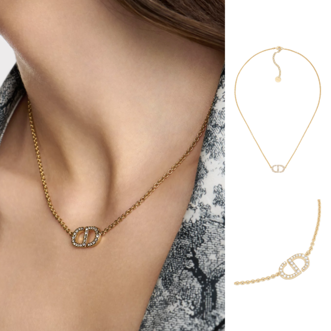 디올 쁘띠 CD 네클리스 골드 피니쉬 메탈 실버 톤 크리스탈 N2241WOMCYD03S