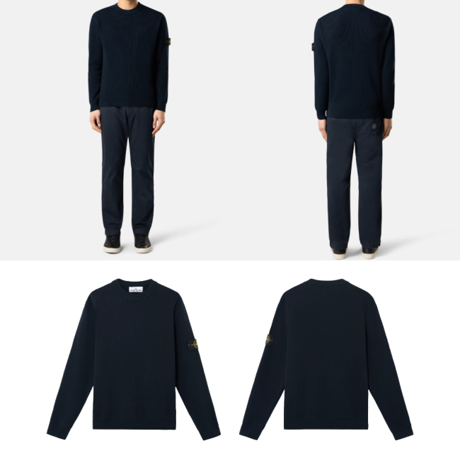 스톤아일랜드 립드 소프트 오가닉 코튼 크루넥 스웨터 리빙 앤 스티치 모티프 네이비 블루 K1S155100054S00D8V0020